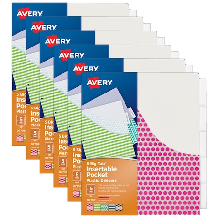 Avery Big Tab Insertable Plastic Dividers with Pockets, 5-Tab Set, PK6 7708